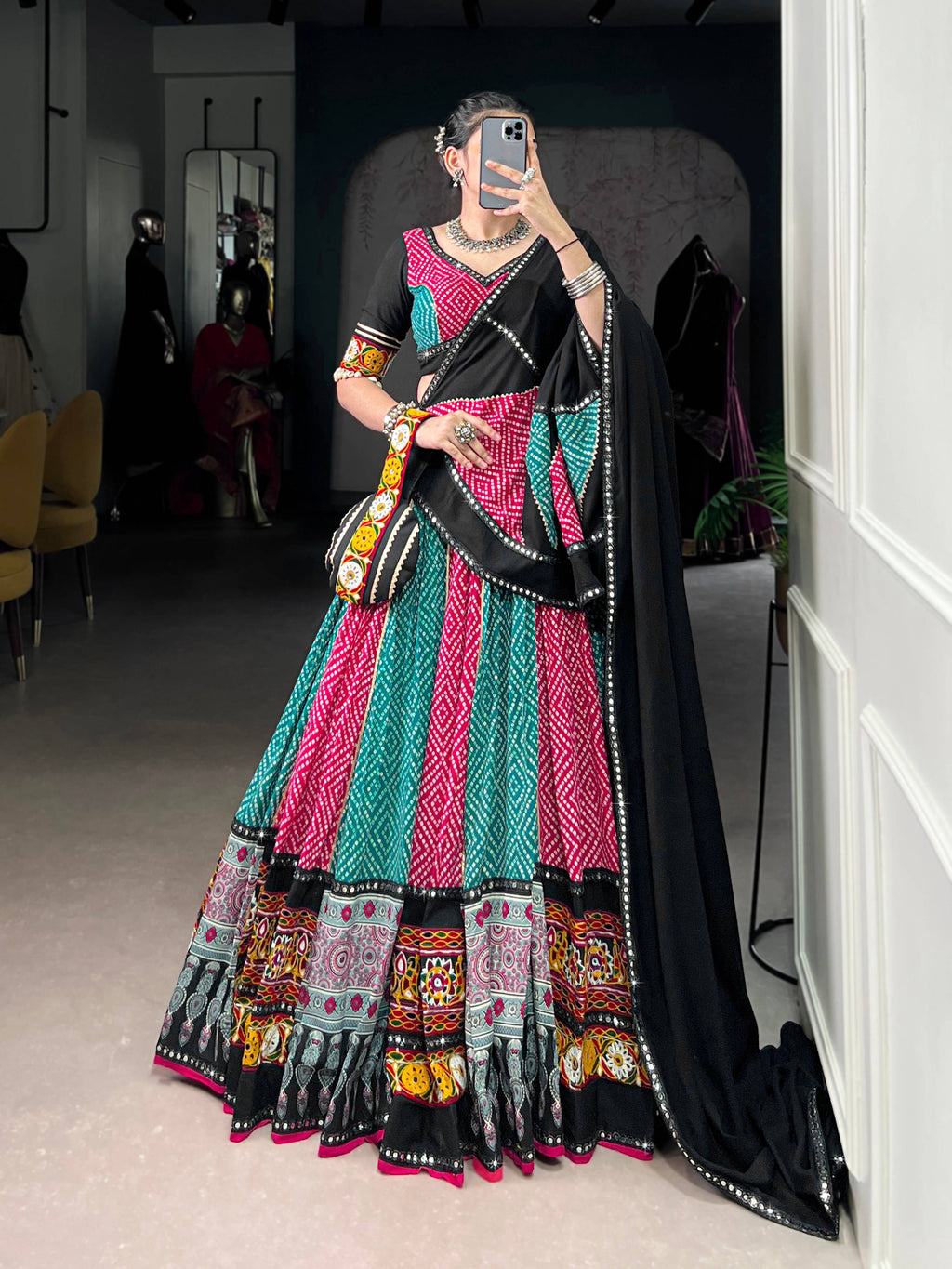 Lorenvalley Fashion Multicolor Pure Rayon Bandhej And Ajrakh With Paper Mirror And Gamthi Work Lace Lehenga Choli with Dupatta | Grocsy