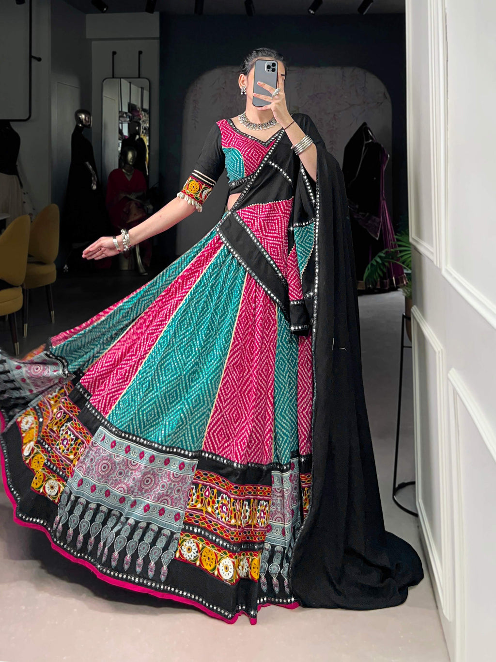 Lorenvalley Fashion Multicolor Pure Rayon Bandhej And Ajrakh With Paper Mirror And Gamthi Work Lace Lehenga Choli with Dupatta | Grocsy