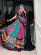 Lorenvalley Fashion Multicolor Pure Rayon Bandhej And Ajrakh With Paper Mirror And Gamthi Work Lace Lehenga Choli with Dupatta | Grocsy