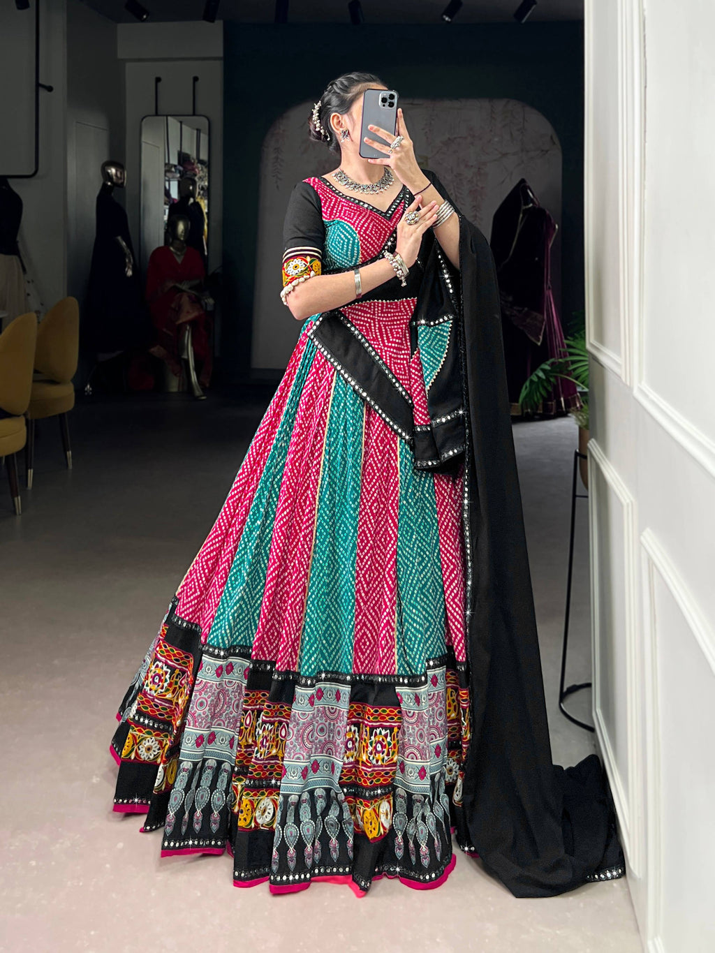 Lorenvalley Fashion Multicolor Pure Rayon Bandhej And Ajrakh With Paper Mirror And Gamthi Work Lace Lehenga Choli with Dupatta | Grocsy