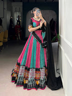 Lorenvalley Fashion Multicolor Pure Rayon Bandhej And Ajrakh With Paper Mirror And Gamthi Work Lace Lehenga Choli with Dupatta | Grocsy