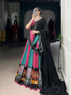Lorenvalley Fashion Multicolor Pure Rayon Bandhej And Ajrakh With Paper Mirror And Gamthi Work Lace Lehenga Choli with Dupatta | Grocsy