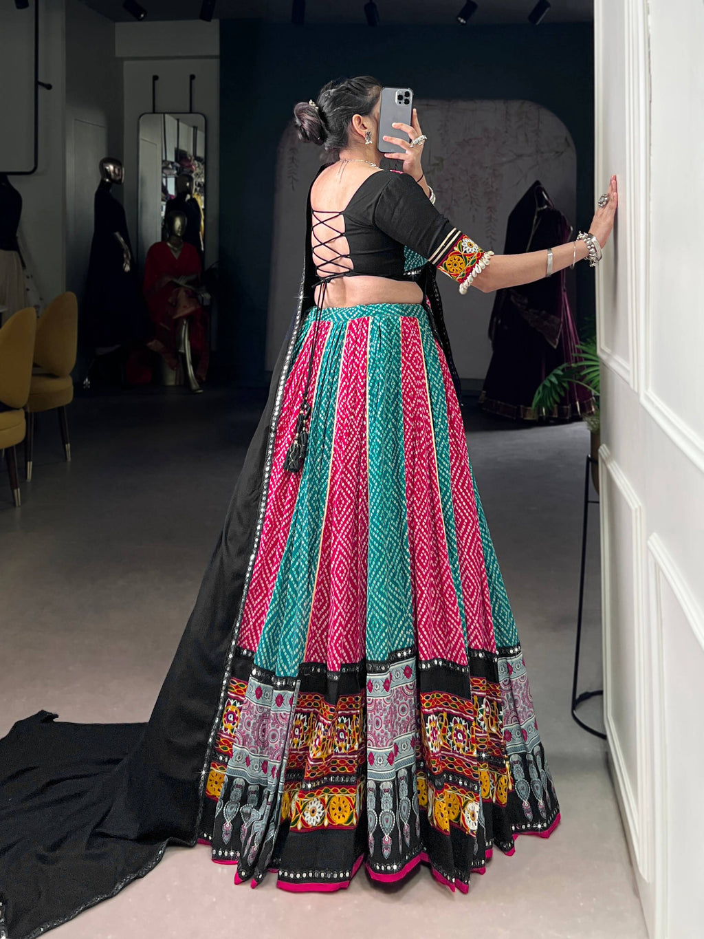 Lorenvalley Fashion Multicolor Pure Rayon Bandhej And Ajrakh With Paper Mirror And Gamthi Work Lace Lehenga Choli with Dupatta | Grocsy