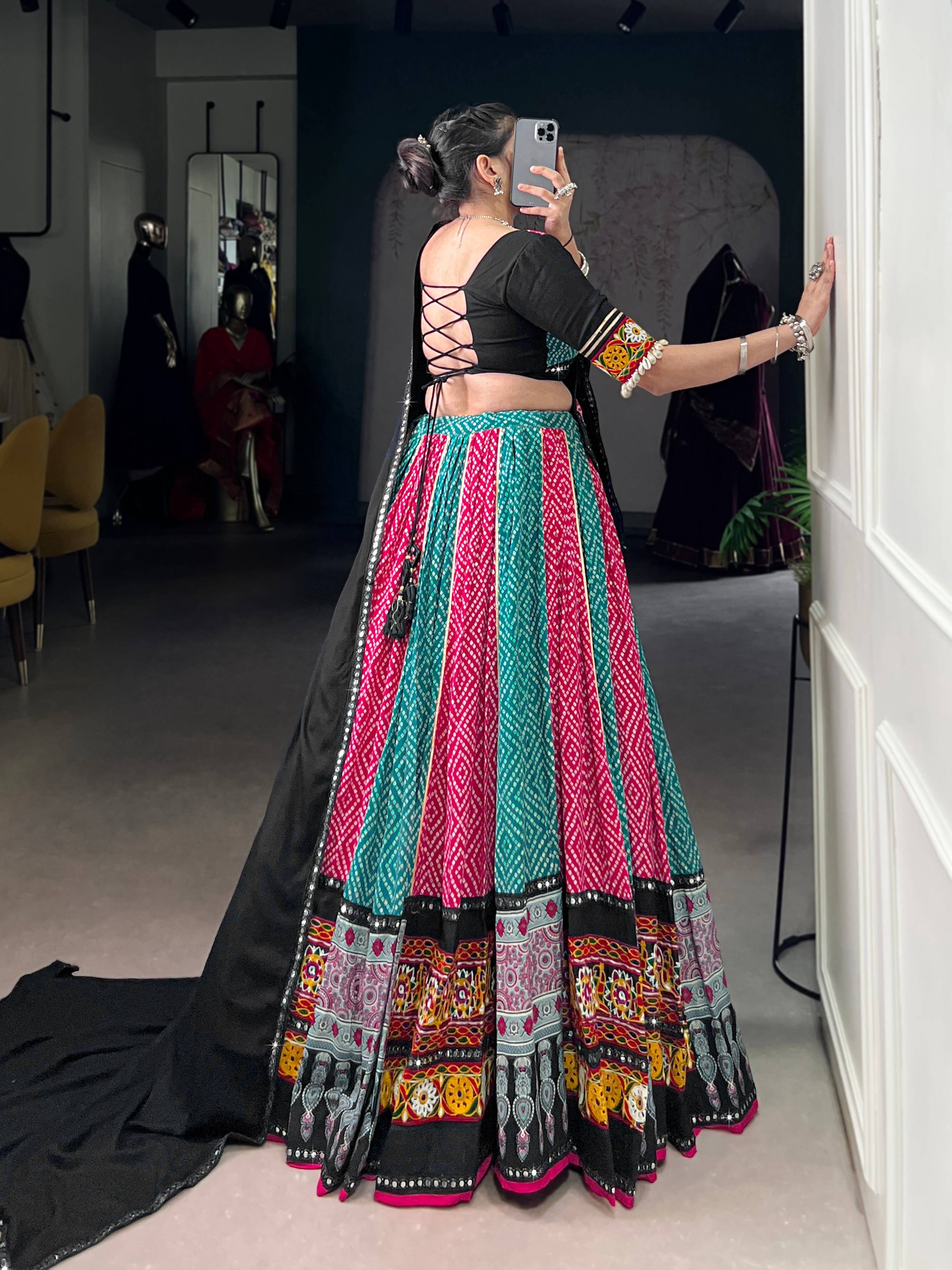 Lorenvalley Fashion Multicolor Pure Rayon Bandhej And Ajrakh With Paper Mirror And Gamthi Work Lace Lehenga Choli with Dupatta | Grocsy