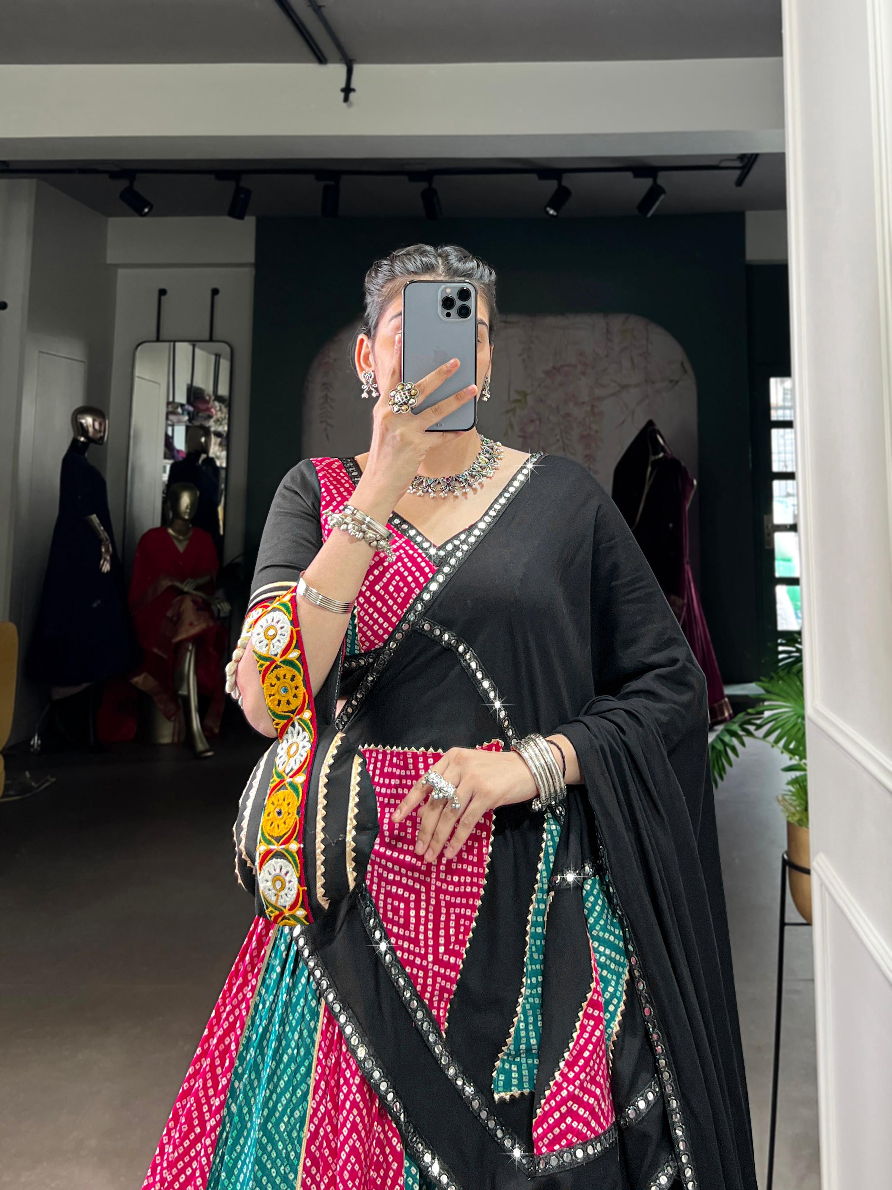 Lorenvalley Fashion Multicolor Pure Rayon Bandhej And Ajrakh With Paper Mirror And Gamthi Work Lace Lehenga Choli with Dupatta | Grocsy