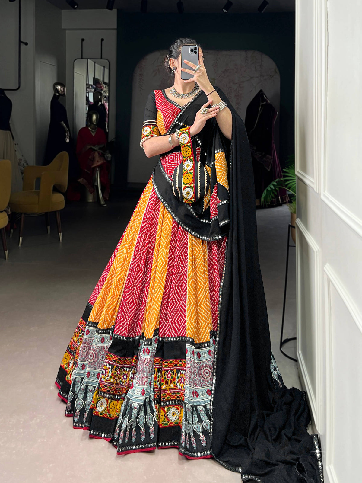 Lorenvalley Fashion Multicolor Pure Rayon Bandhej And Ajrakh With Paper Mirror And Gamthi Work Lace Lehenga Choli with Dupatta | Grocsy