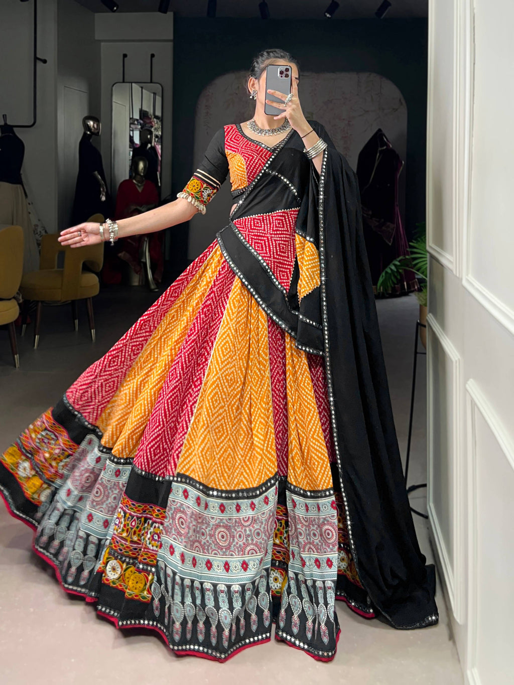 Lorenvalley Fashion Multicolor Pure Rayon Bandhej And Ajrakh With Paper Mirror And Gamthi Work Lace Lehenga Choli with Dupatta | Grocsy