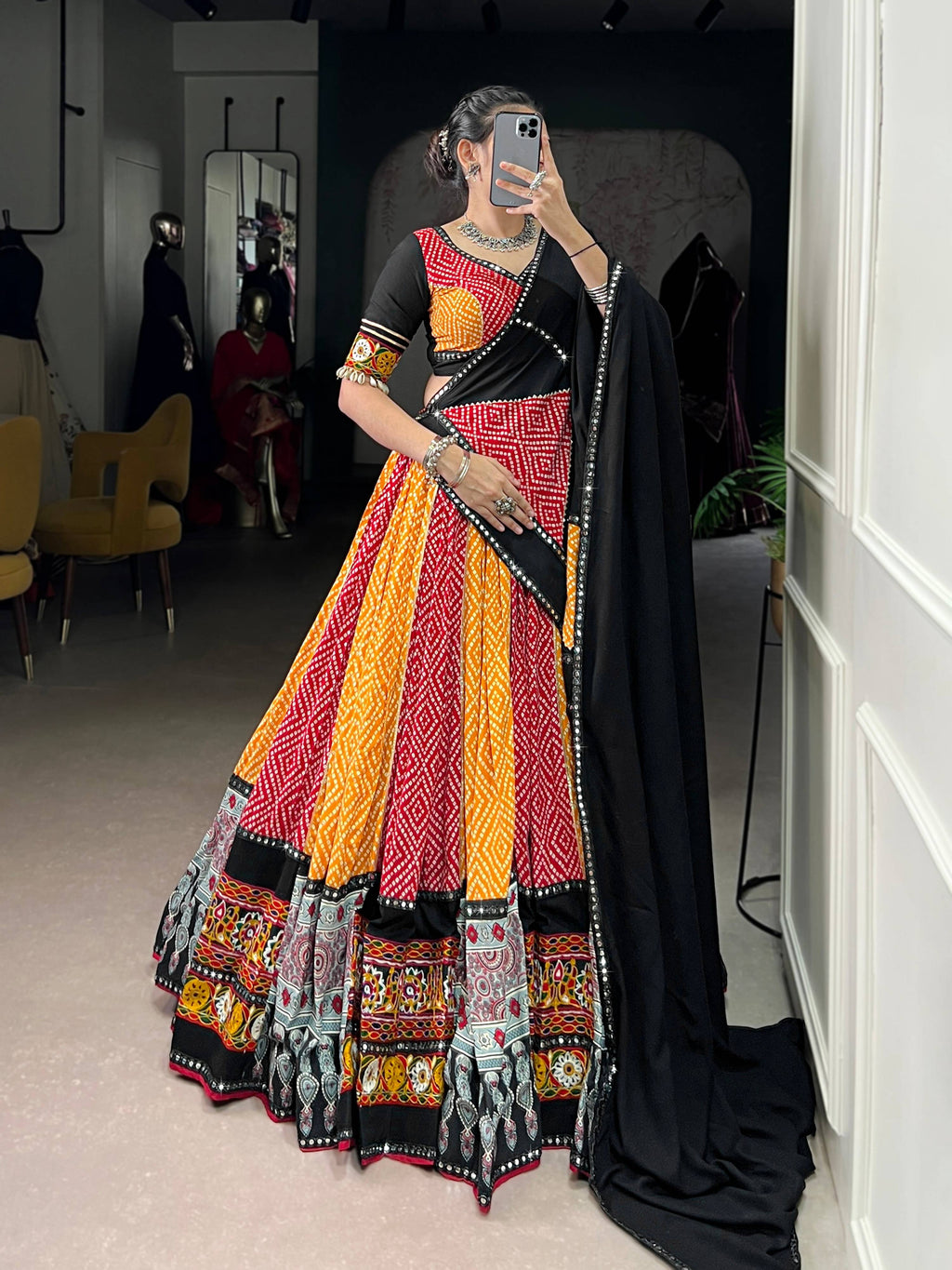 Lorenvalley Fashion Multicolor Pure Rayon Bandhej And Ajrakh With Paper Mirror And Gamthi Work Lace Lehenga Choli with Dupatta | Grocsy