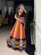 Lorenvalley Fashion Multicolor Pure Rayon Bandhej And Ajrakh With Paper Mirror And Gamthi Work Lace Lehenga Choli with Dupatta | Grocsy