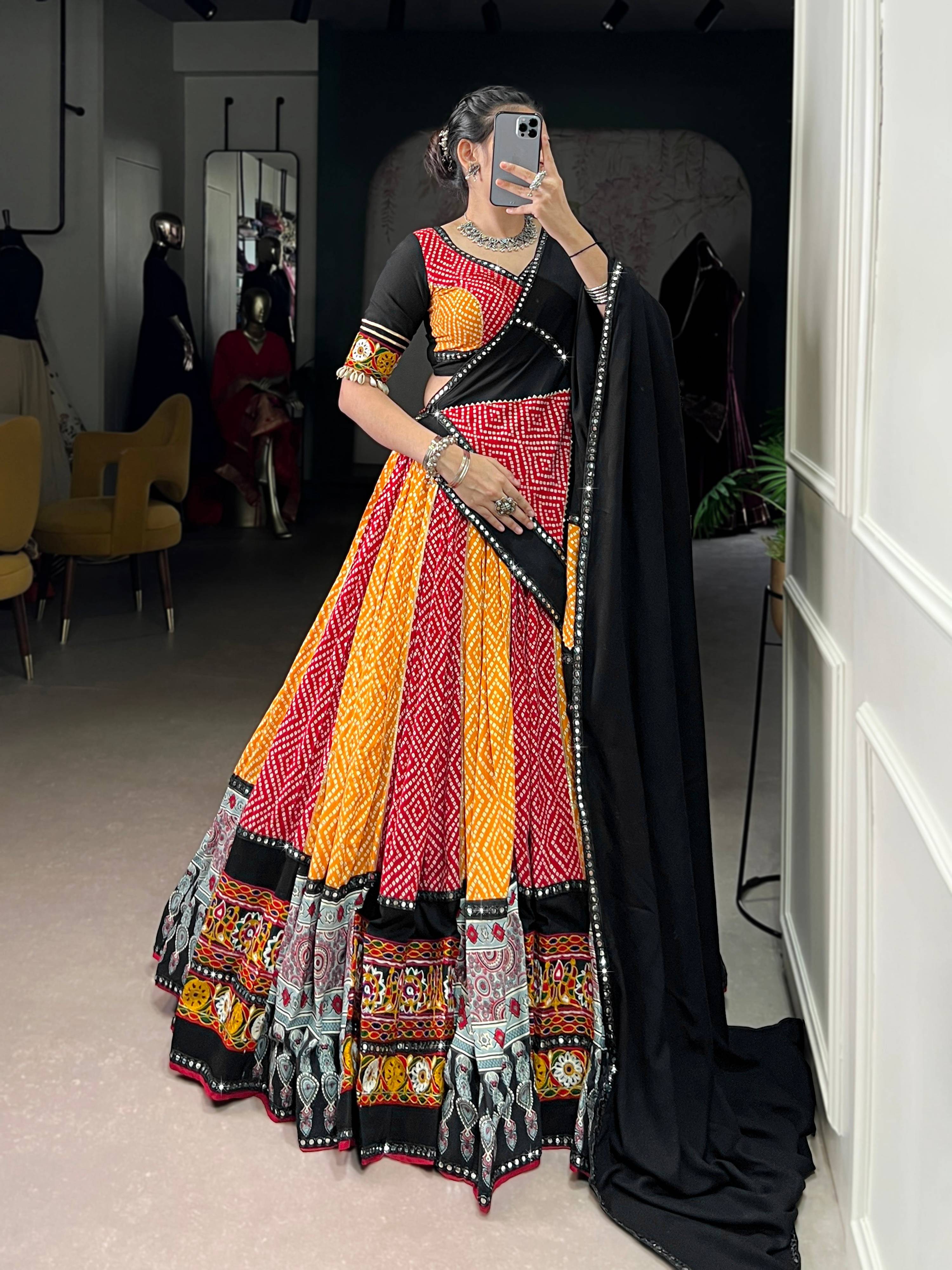 Lorenvalley Fashion Multicolor Pure Rayon Bandhej And Ajrakh With Paper Mirror And Gamthi Work Lace Lehenga Choli with Dupatta | Grocsy