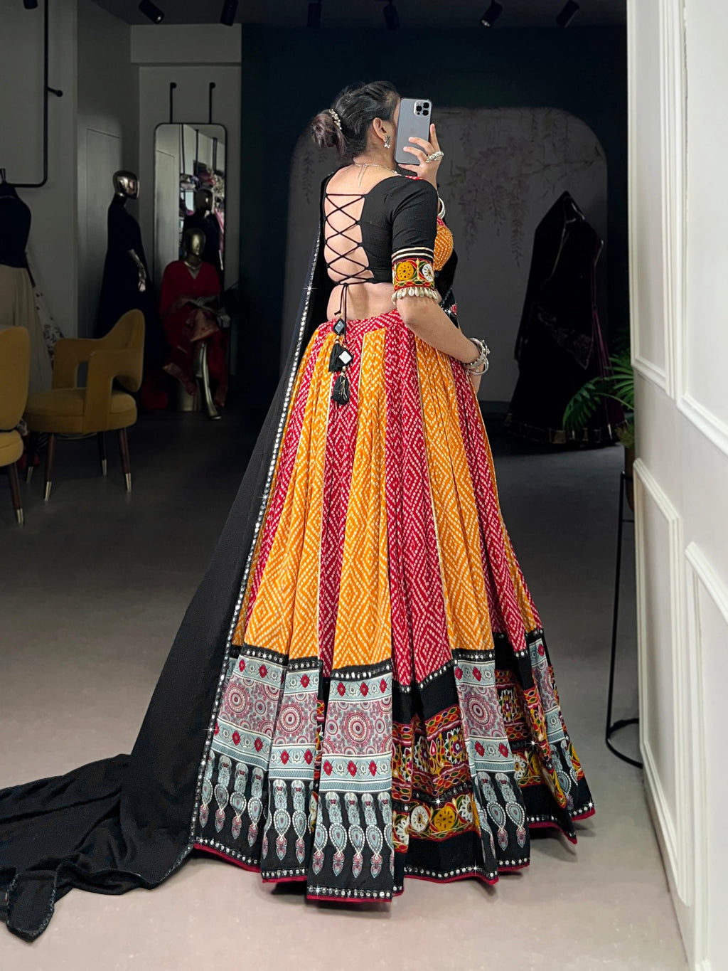 Lorenvalley Fashion Multicolor Pure Rayon Bandhej And Ajrakh With Paper Mirror And Gamthi Work Lace Lehenga Choli with Dupatta | Grocsy