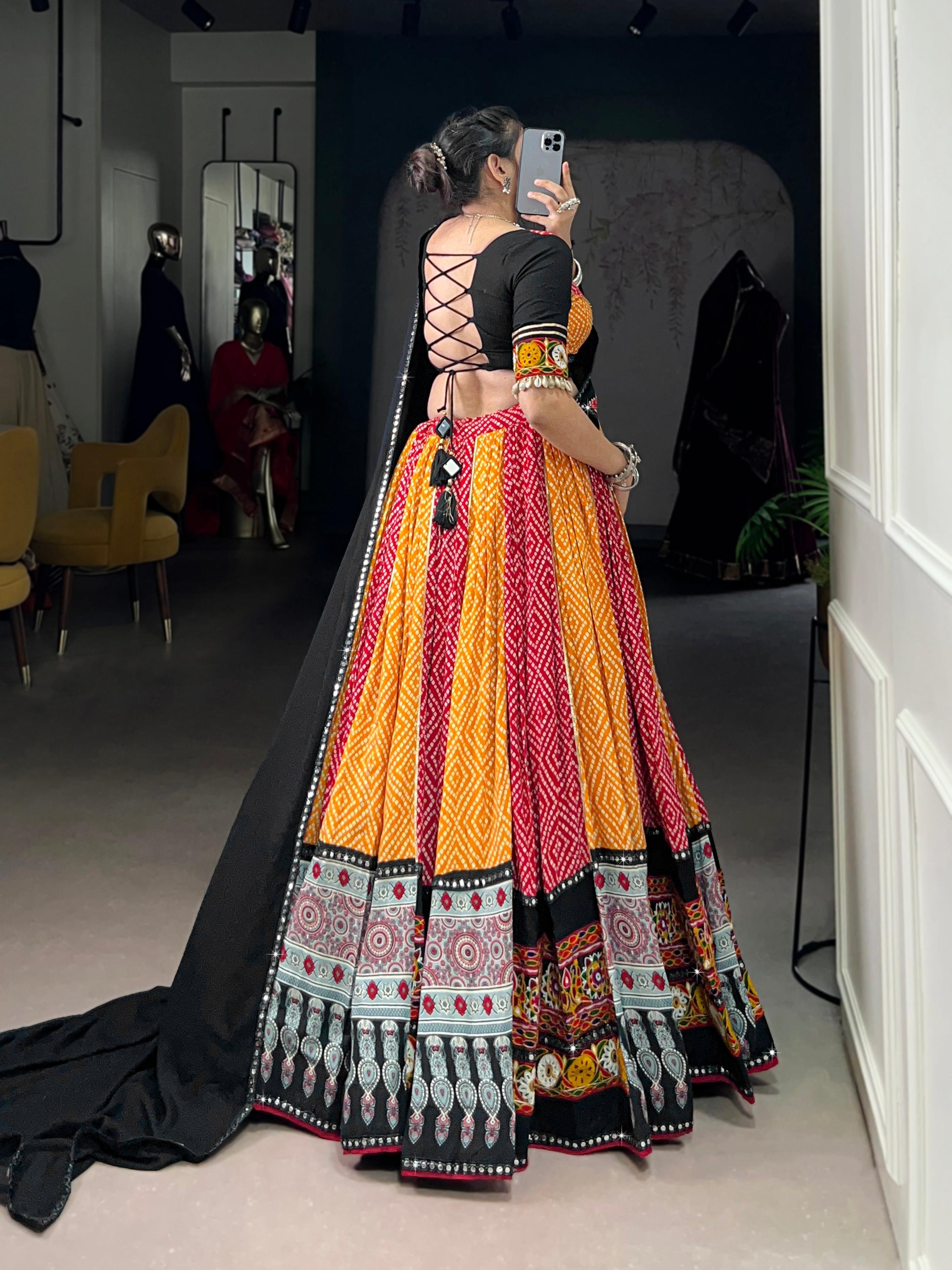 Lorenvalley Fashion Multicolor Pure Rayon Bandhej And Ajrakh With Paper Mirror And Gamthi Work Lace Lehenga Choli with Dupatta | Grocsy