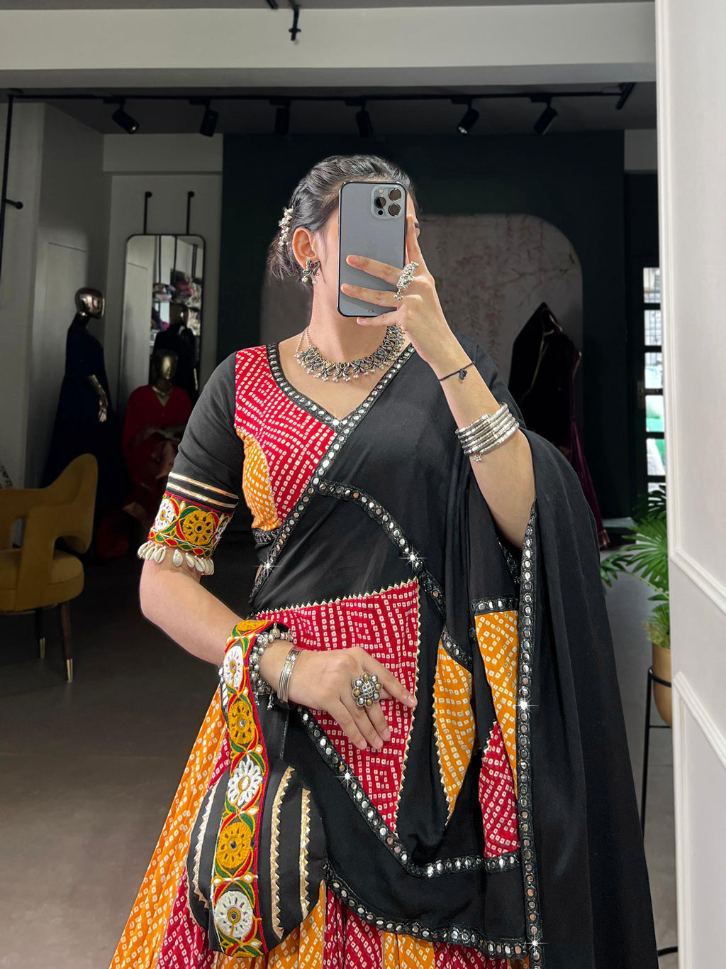 Lorenvalley Fashion Multicolor Pure Rayon Bandhej And Ajrakh With Paper Mirror And Gamthi Work Lace Lehenga Choli with Dupatta | Grocsy