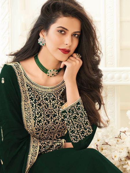Myra Deep Green Georgette Embroidered Anarkali Suit | Grocsy