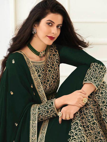 Myra Deep Green Georgette Embroidered Anarkali Suit | Grocsy