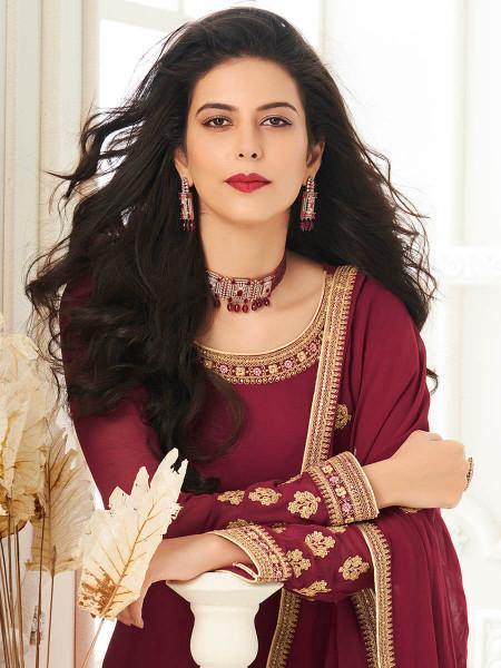 Myra Maroon Georgette Embroidered Anarkali Suit | Grocsy