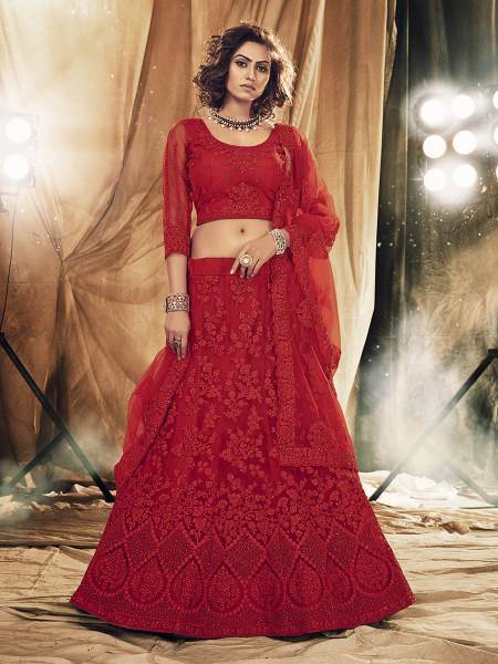 Myra Red Heavy Embroidered Net Bridal Lehenga | Grocsy