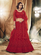 Myra Red Heavy Embroidered Net Bridal Lehenga | Grocsy
