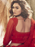 Myra Red Heavy Embroidered Net Bridal Lehenga | Grocsy