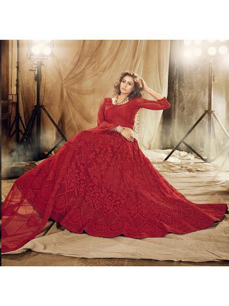 Myra Red Heavy Embroidered Net Bridal Lehenga | Grocsy