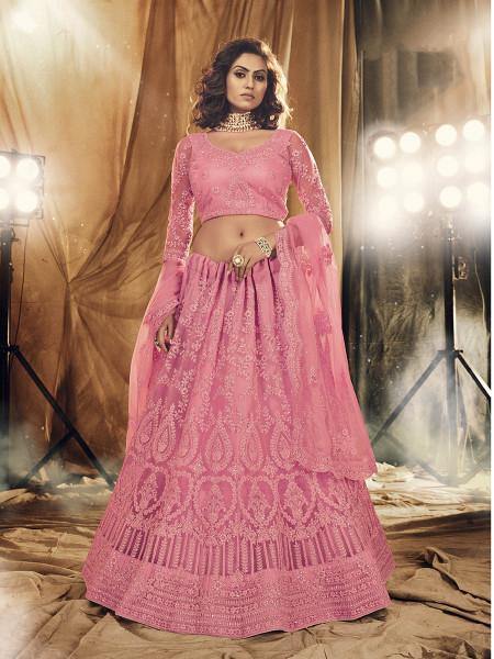 Myra Beautiful Dusty Pink Heavy Embroidered Net Bridal Lehenga | Grocsy