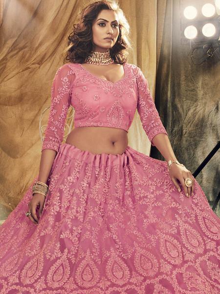 Myra Beautiful Dusty Pink Heavy Embroidered Net Bridal Lehenga | Grocsy