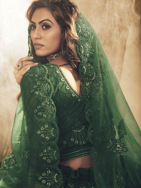 Myra Green Heavy Embroidered Net Bridal Lehenga | Grocsy
