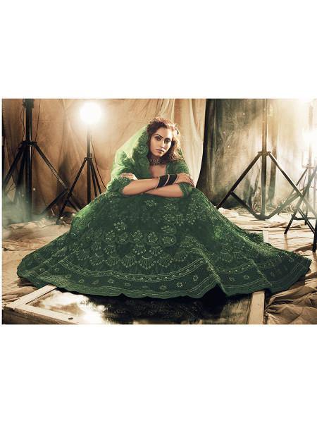 Myra Green Heavy Embroidered Net Bridal Lehenga | Grocsy