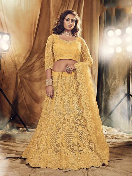 Myra Musturd Yellow Heavy Embroidered Net bridal Lehenga | Grocsy