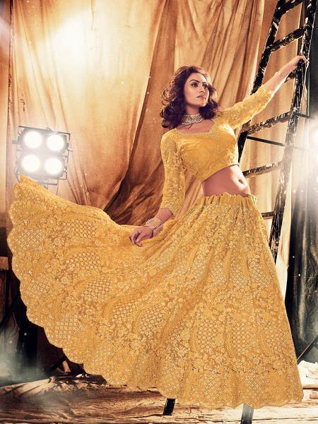Myra Mustard Yellow Heavy Embroidered Net Bridal Lehenga | Grocsy