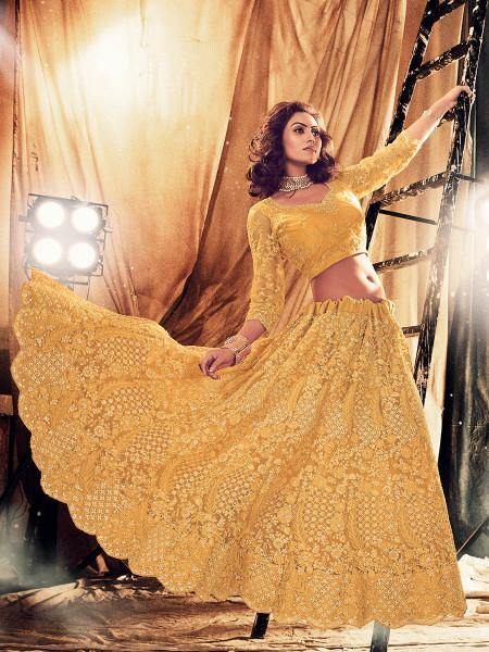 Myra Musturd Yellow Heavy Embroidered Net bridal Lehenga | Grocsy