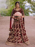 Myra Wine Heavy Embroidered Velvet Bridal Lehenga | Grocsy