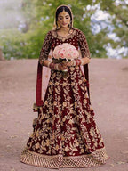 Myra Wine Heavy Embroidered Velvet Bridal Lehenga | Grocsy