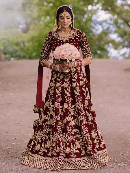 Myra Wine Heavy Embroidered Velvet Bridal Lehenga | Grocsy