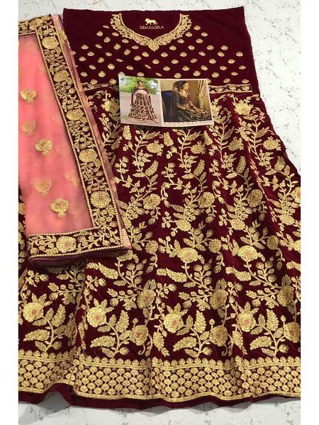 Myra Wine Heavy Embroidered Velvet Bridal Lehenga | Grocsy
