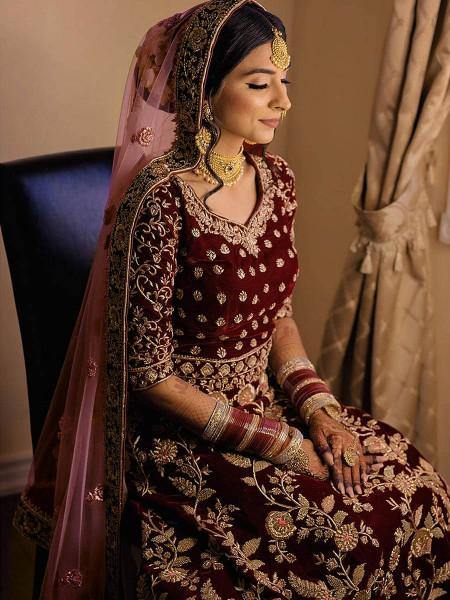 Myra Wine Heavy Embroidered Velvet Bridal Lehenga | Grocsy