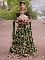Myra Green Heavy Embroidered Velvet Bridal Lehenga | Grocsy