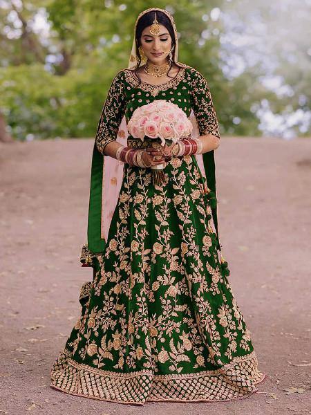 Myra Green Heavy Embroidered Velvet Bridal Lehenga | Grocsy