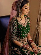 Myra Green Heavy Embroidered Velvet Bridal Lehenga | Grocsy