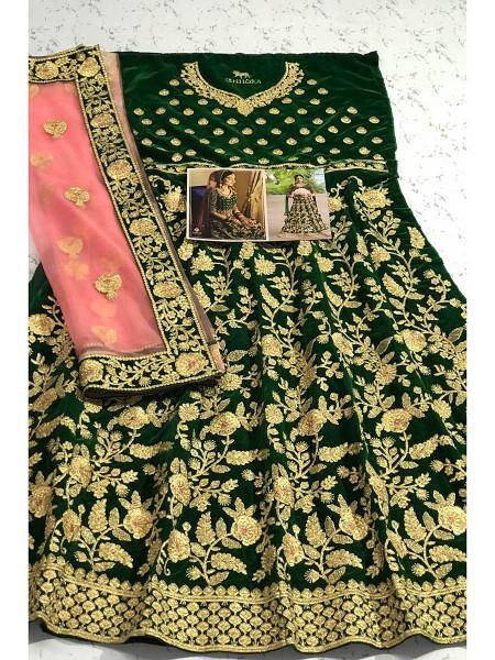 Myra Green Heavy Embroidered Velvet Bridal Lehenga | Grocsy