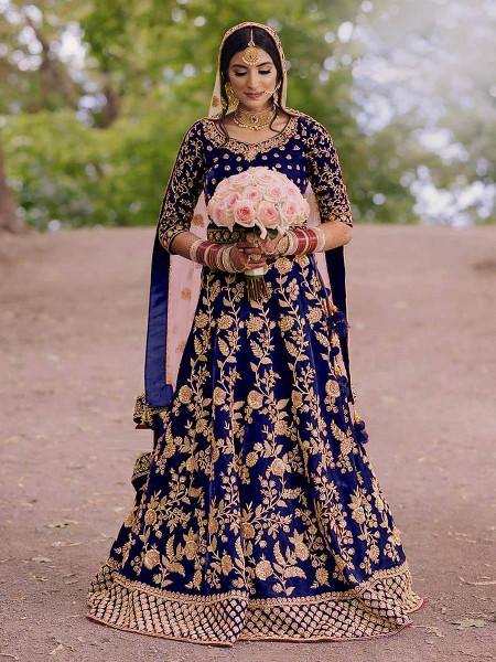 Myra Royal Blue Heavy Embroidered Velvet Bridal Lehenga | Grocsy