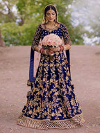 Myra Royal Blue Heavy Embroidered Velvet Bridal Lehenga | Grocsy