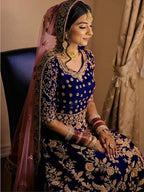 Myra Royal Blue Heavy Embroidered Velvet Bridal Lehenga | Grocsy