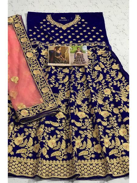 Myra Royal Blue Heavy Embroidered Velvet Bridal Lehenga | Grocsy