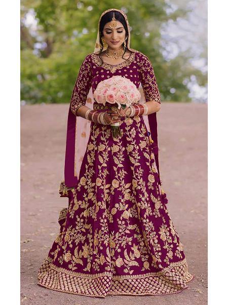 Myra Purple Heavy Embroidered Velvet Bridal Lehenga | Grocsy