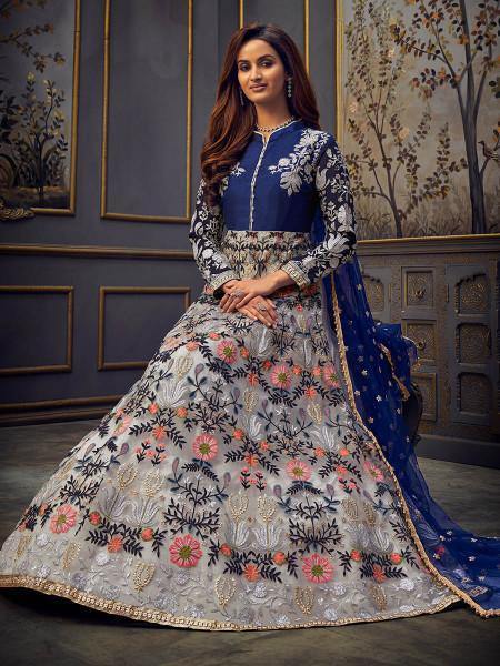Myra Blue Butterfly Net Embroidered Anarkali Suit | Grocsy