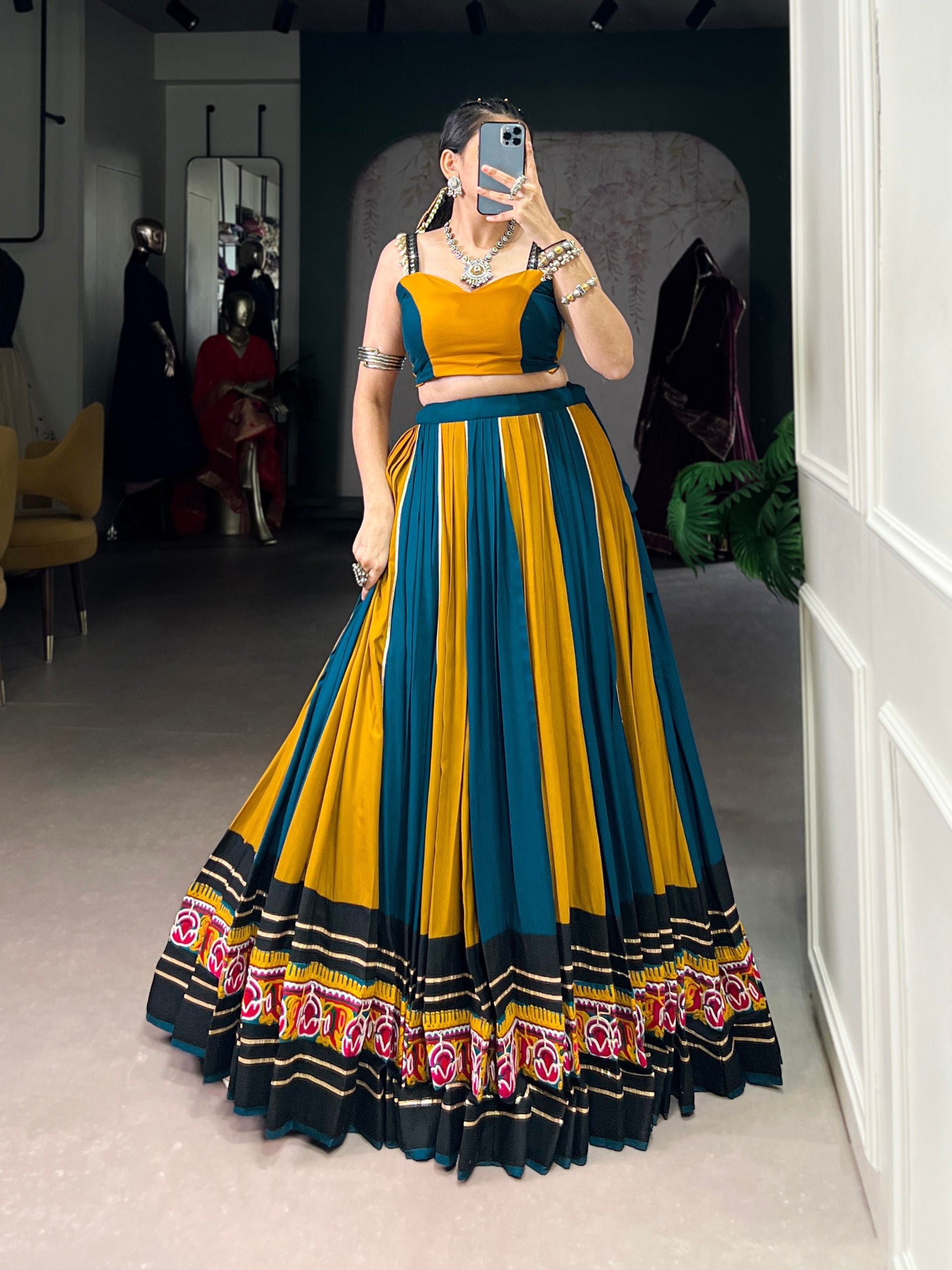 Lorenvalley Fashion Multicolor Pure Rayon Gamthi Work With Gota Patti Lace Touch Up Lehenga Choli | Grocsy