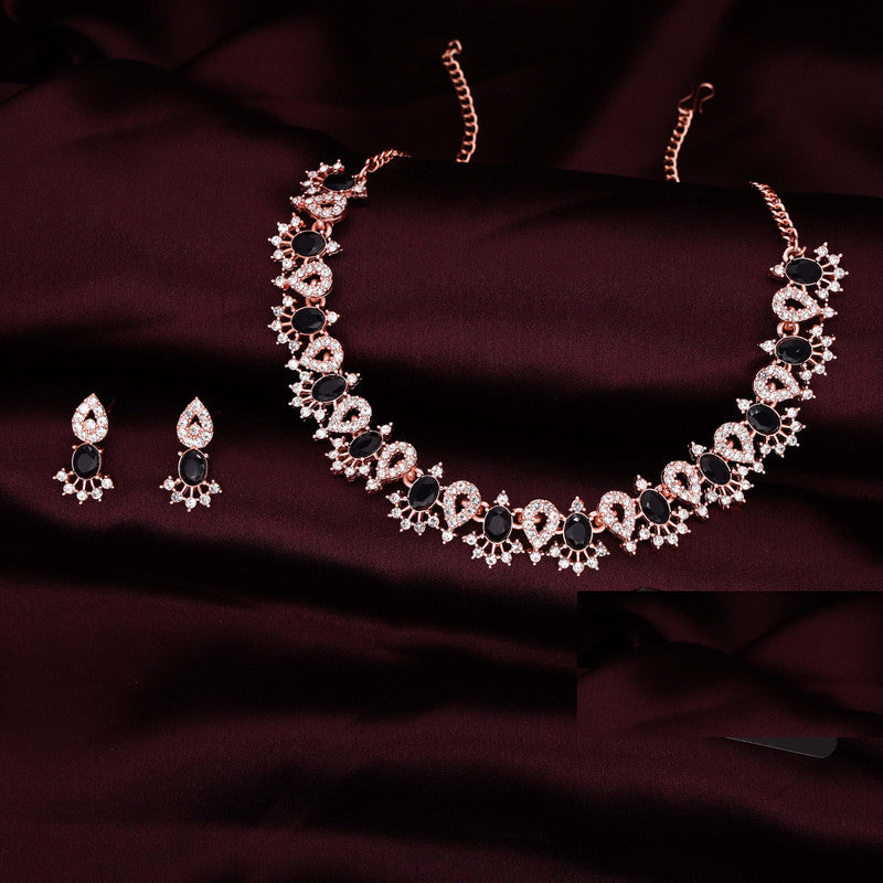 Tehzeeb Creations Black Colour Ad Studded Necklace Jewellery Set With Matching Earrings For Women And Girls - Swadesiicart
