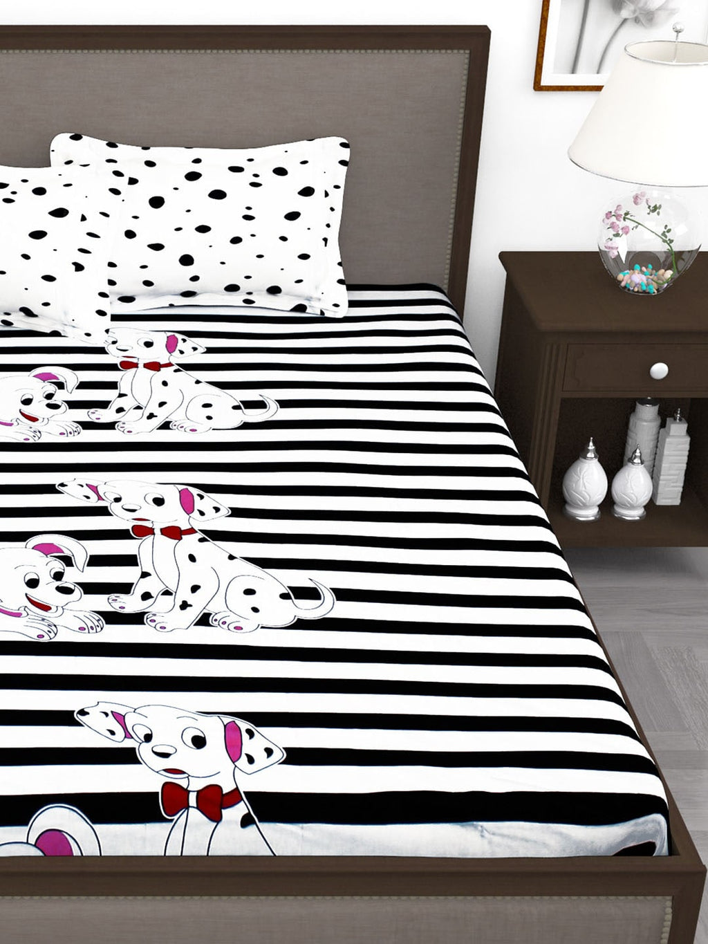 Story@home White & Black Cartoon Characters King Bedsheet with 2 Pillow Covers | Grocsy