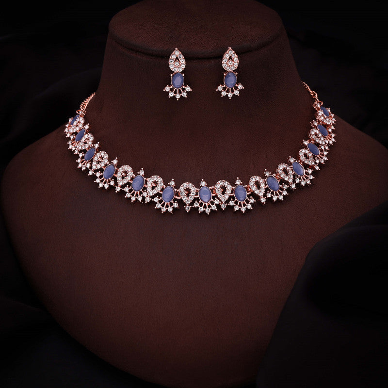 Tehzeeb Creations Blue Colour Ad Studded Necklace Jewellery Set With Matching Earrings For Women And Girls | Grocsy